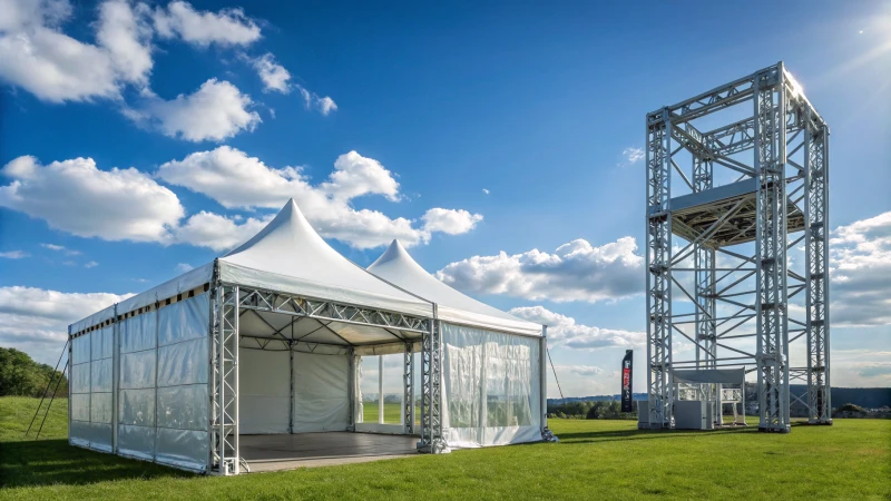 An outdoor scene featuring a lightweight aluminum alloy tent beside a sturdy steel structure.