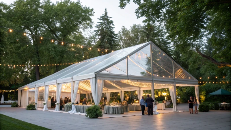 A large aluminum alloy marquee tent at an outdoor event