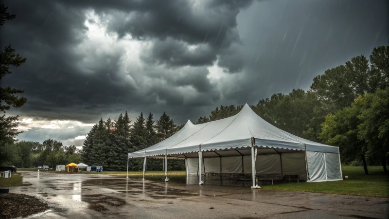 A robust aluminum alloy marquee tent in a stormy outdoor setting with heavy rain and dark clouds.