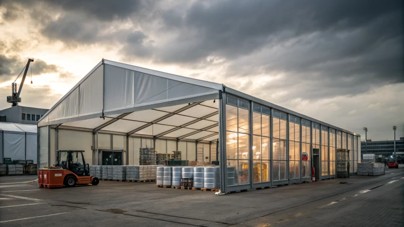 Photorealistic aluminum alloy warehouse tent in an industrial area