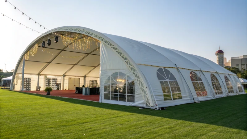 A large Arcum tent in a bright outdoor setting.