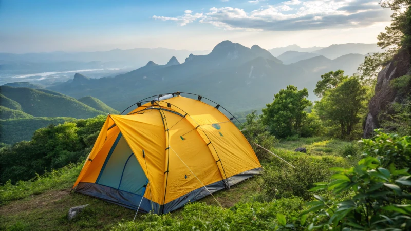 A large colorful camping tent in a natural landscape with mountains in the background