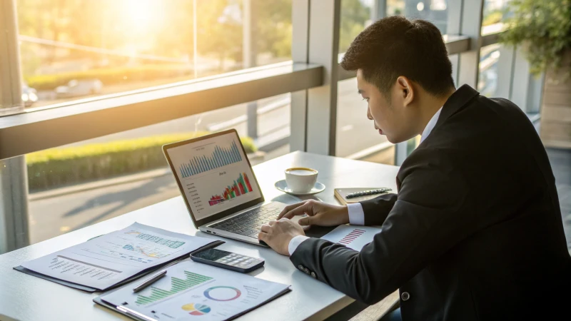 A business professional reviewing charts on a laptop