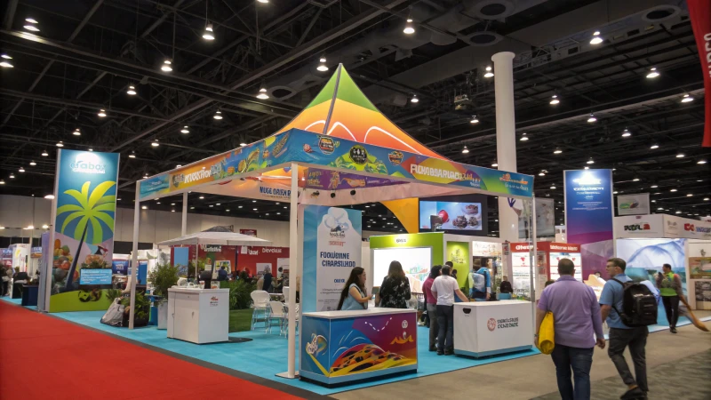 A vibrant trade show exhibition filled with attendees and colorful booths.