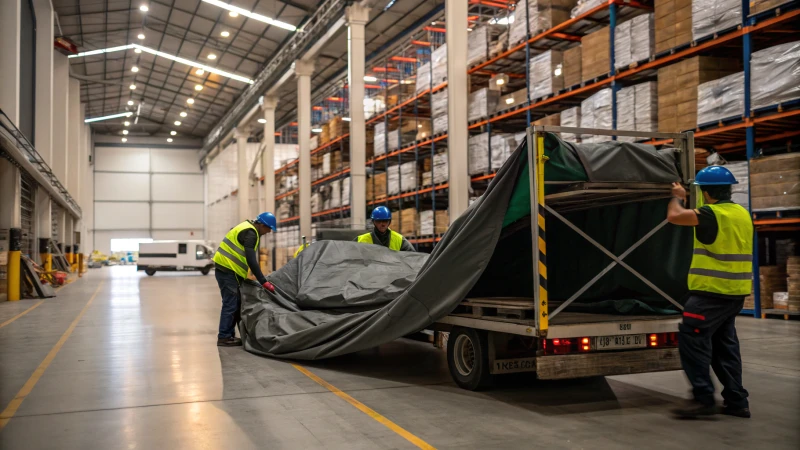 Workers loading tents onto a delivery truck in a warehouse