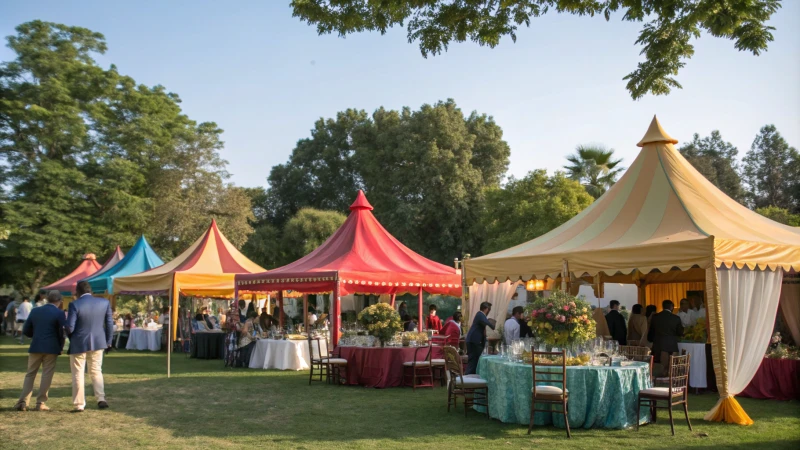 A busy outdoor event scene with colorful tents and guests interacting