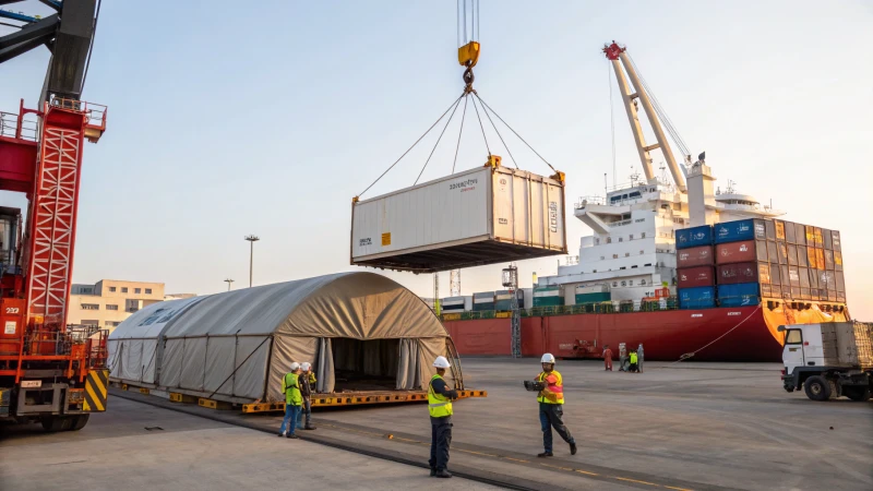 A busy shipping port with a large tent being loaded onto a cargo ship