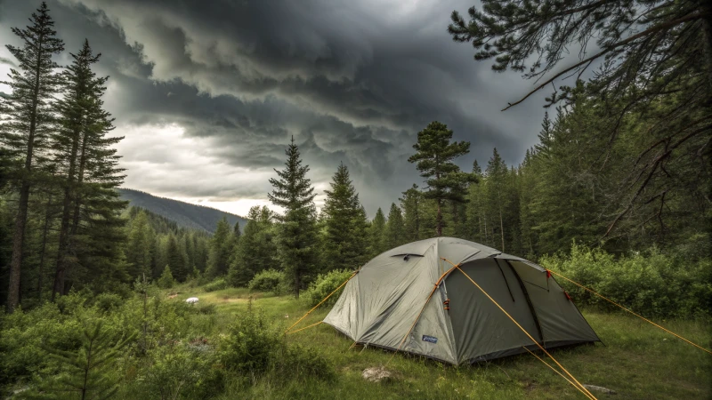 A sturdy camping tent in a dense green forest under dark storm clouds