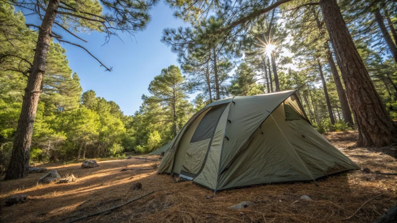 A well-pitched camping tent in a dense forest under sunlight