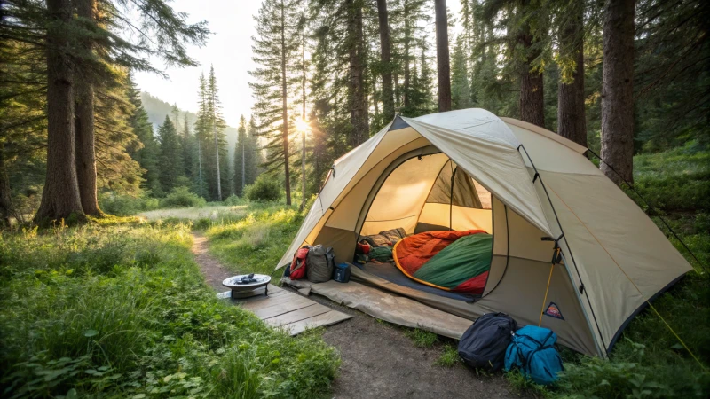 A spacious camping tent set in a lush green campsite