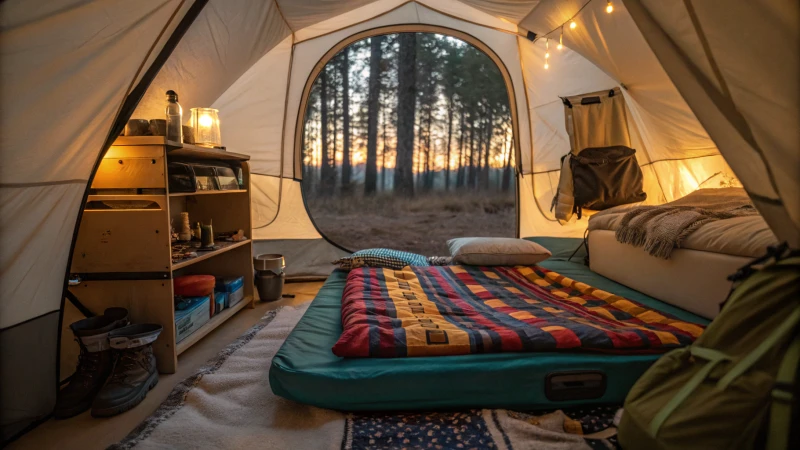 Interior of a camping tent with a warm ambiance