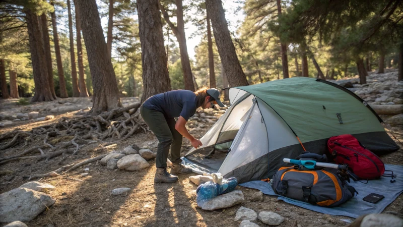 Person setting up a tent on rocky ground