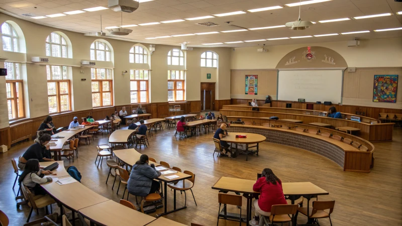 A bright and inviting classroom with various seating setups.