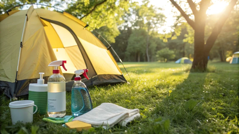 A bright camping tent surrounded by cleaning supplies in a green outdoor setting