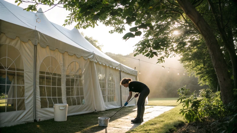 Person cleaning a large white marquee tent in a lush outdoor setting