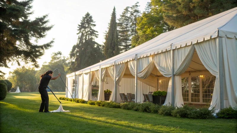 Person cleaning a large white marquee tent outdoors