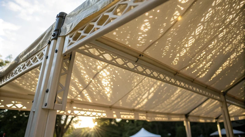 Close-up view of a marquee tent with aluminum frame and textured canopy