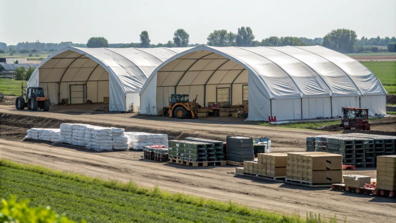Storage tents on a construction site and agricultural field