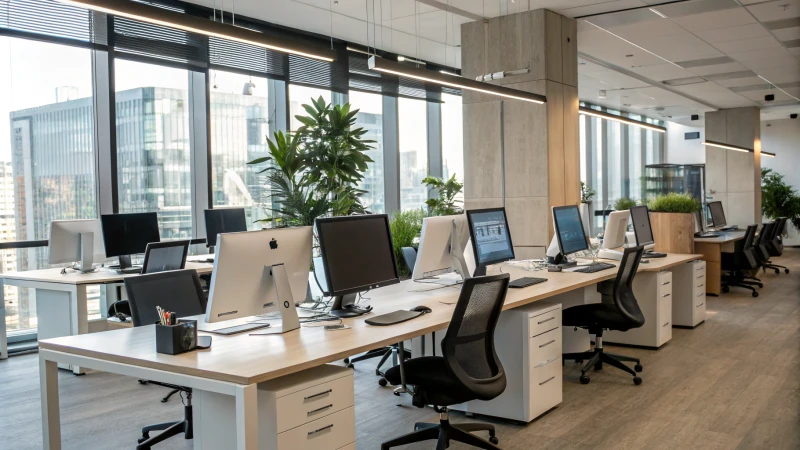 A bright and modern office space with advanced computers and ergonomic furniture.