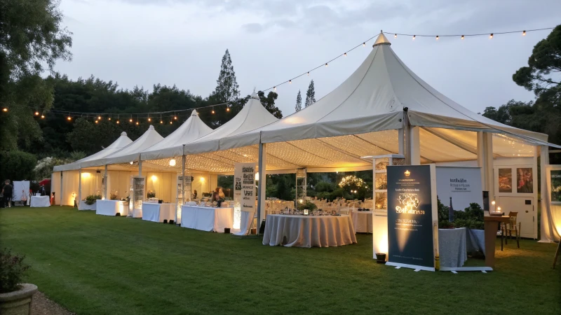 A large marquee tent set up for a corporate event with elegant tables and branding materials