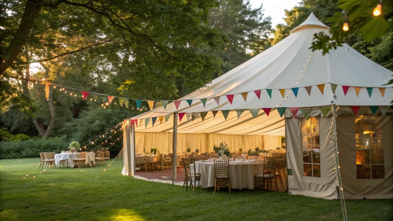 A beautifully decorated marquee tent in a green outdoor setting