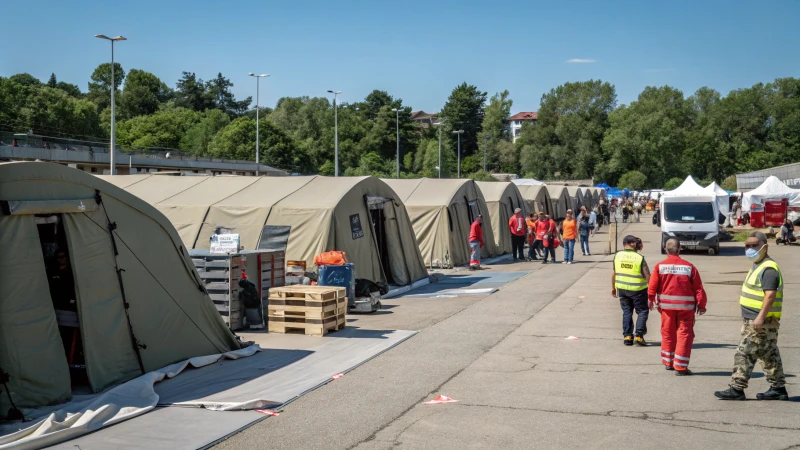 Emergency relief tents set up in an outdoor area with responders assisting individuals.