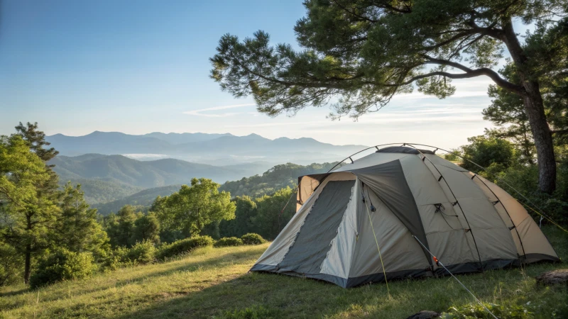 A durable camping tent in a serene outdoor setting