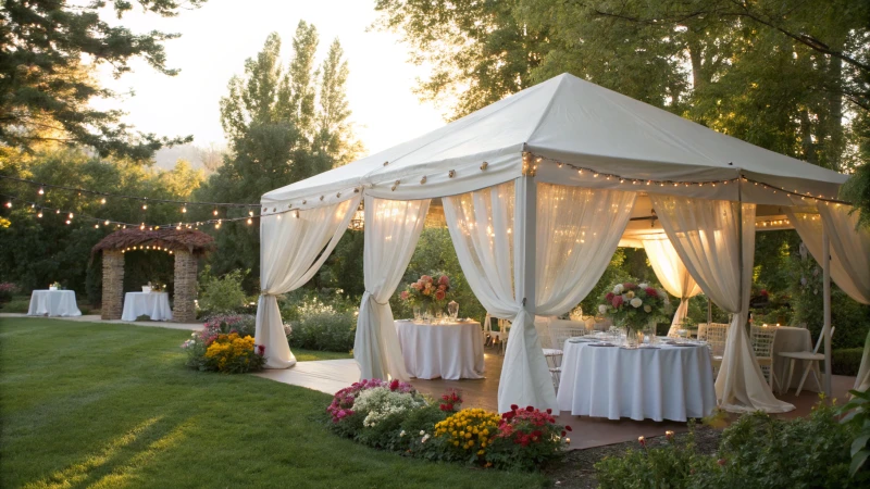 A large elegant marquee tent set in a lush outdoor garden