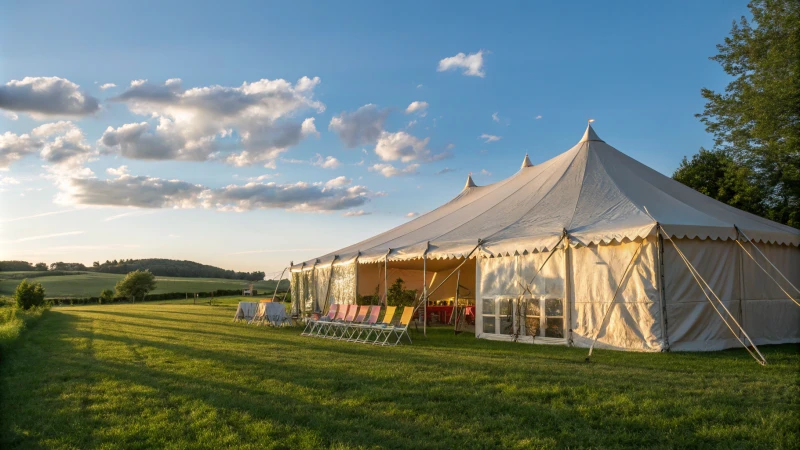 A large marquee tent in a green field under blue skies