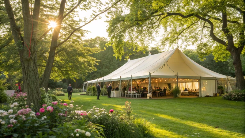 A large marquee tent in a green park filled with guests