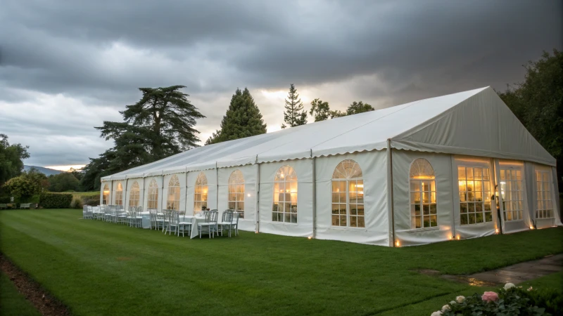 A large white marquee tent set up for an outdoor event on green lawns under an overcast sky.