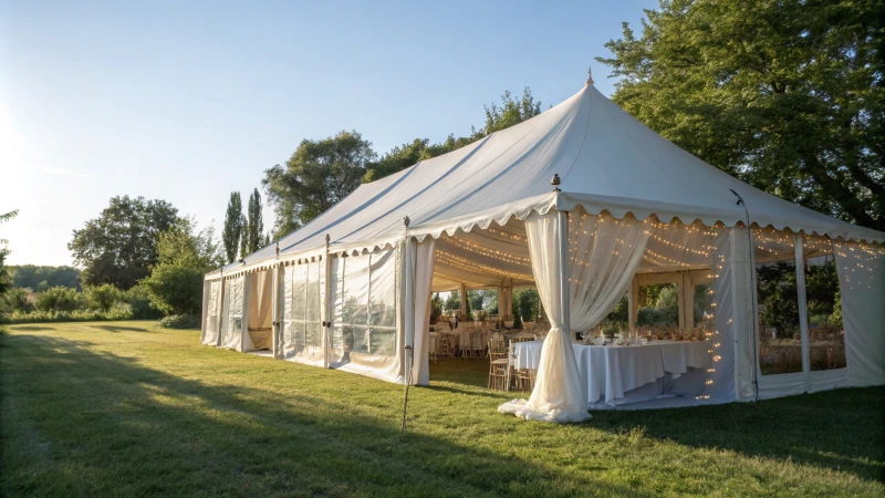 A large, elegant marquee tent in a sunny outdoor field