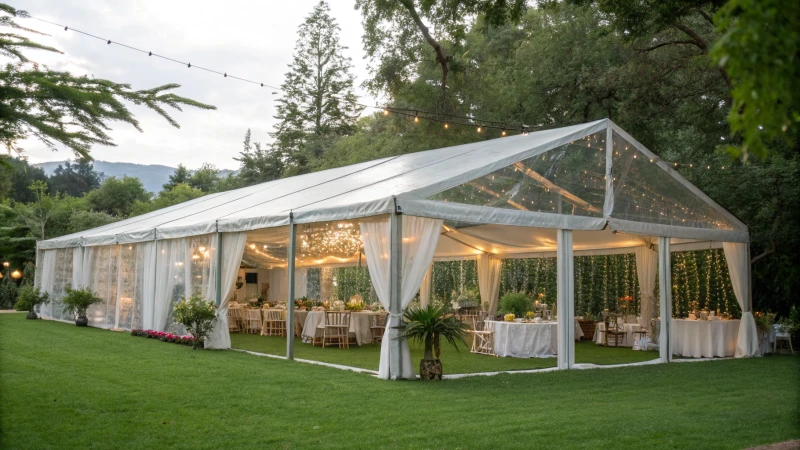 Elegant marquee tent for a wedding with clear side panels