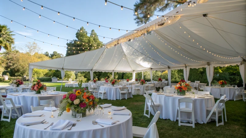 An outdoor event setup with a marquee tent and decorated tables