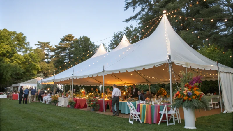 A vibrant outdoor event with a large white tent and guests celebrating.