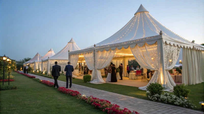 An elegant outdoor event with marquee tents and guests in formal attire.