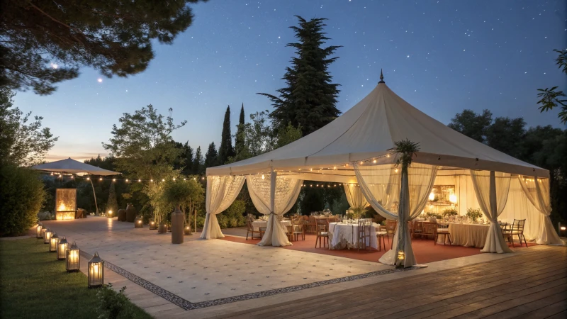 An elegant outdoor tent setup for an evening event