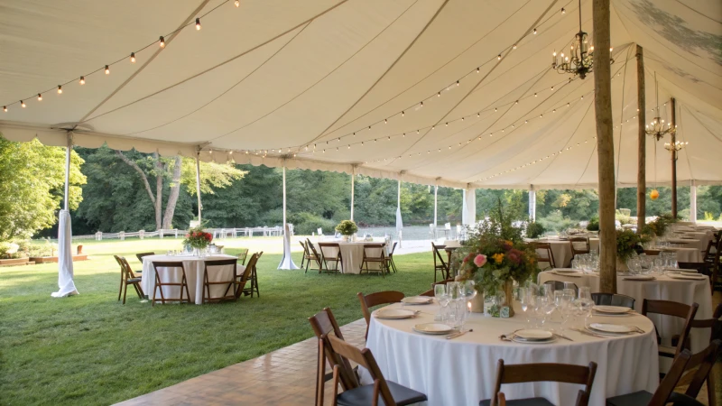 A large outdoor tent set for an elegant event