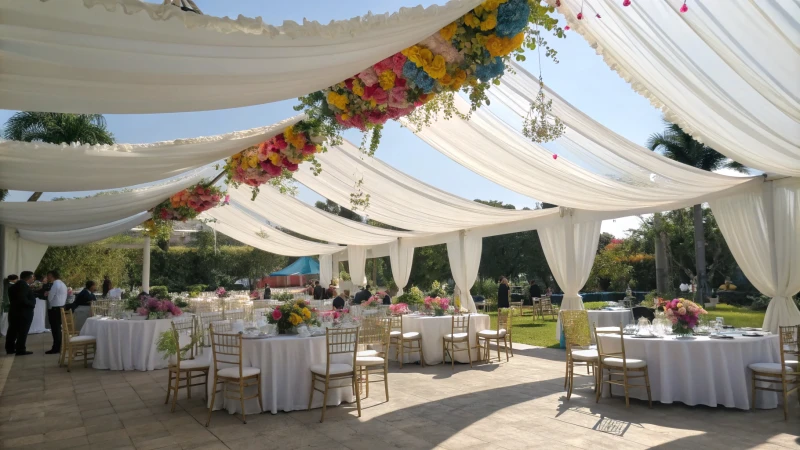 Wedding reception tent with floral decorations and guests