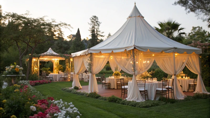 A beautifully decorated wedding tent in a lush garden setting