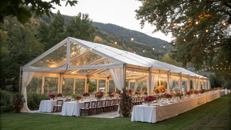 A large wedding tent set up in a garden with banquet tables and floral decorations