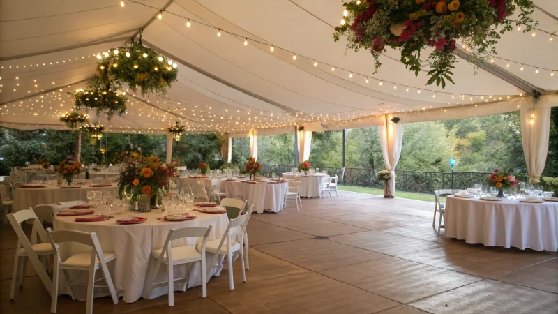 An elegant wedding tent decorated with round tables and floral centerpieces.