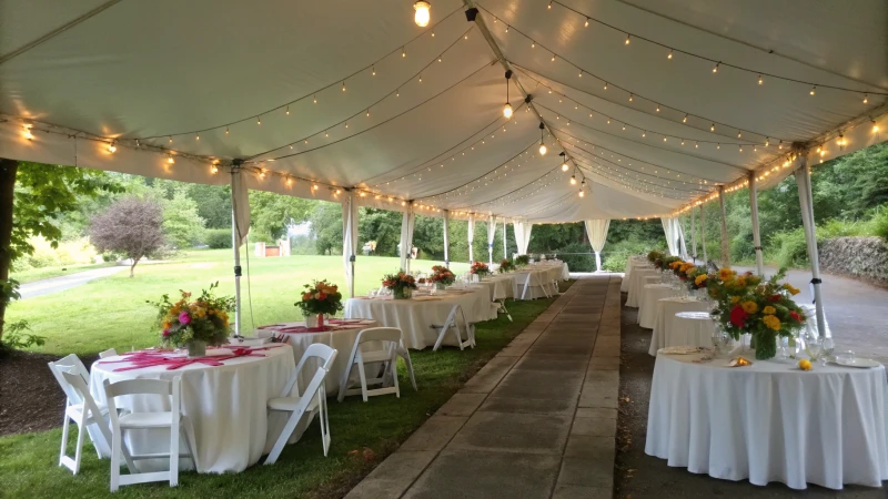 A large white tent set up for an outdoor event with tables and floral arrangements.