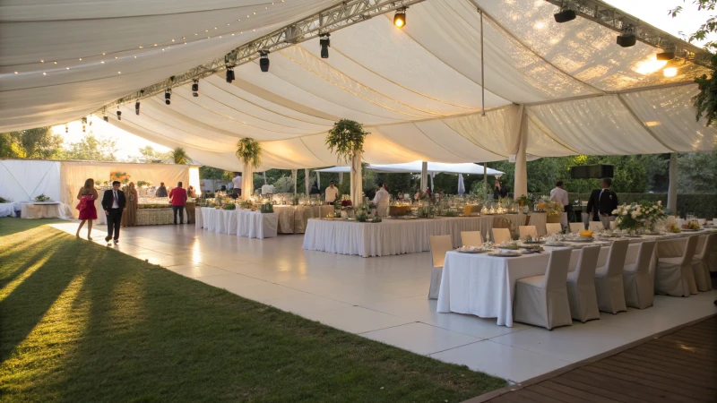 An outdoor tent set up for a formal event with guests mingling.