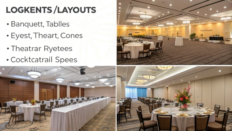 An illustration showcasing various event layouts for weddings, conferences, and parties.