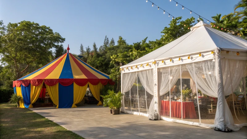 An outdoor event setup with a colorful party tent and an elegant marquee surrounded by greenery.