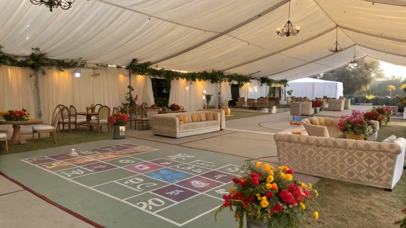 Elegant event tent setup with seating and floral decorations