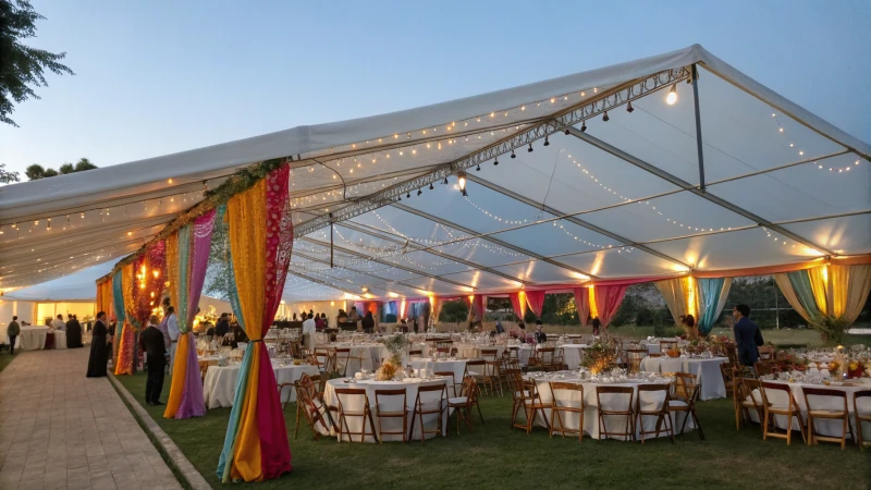 A large outdoor event tent with tables and chairs, decorated with colorful drapes.