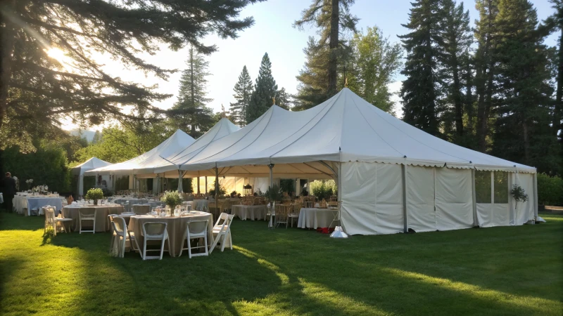 Outdoor event tent with tables and chairs