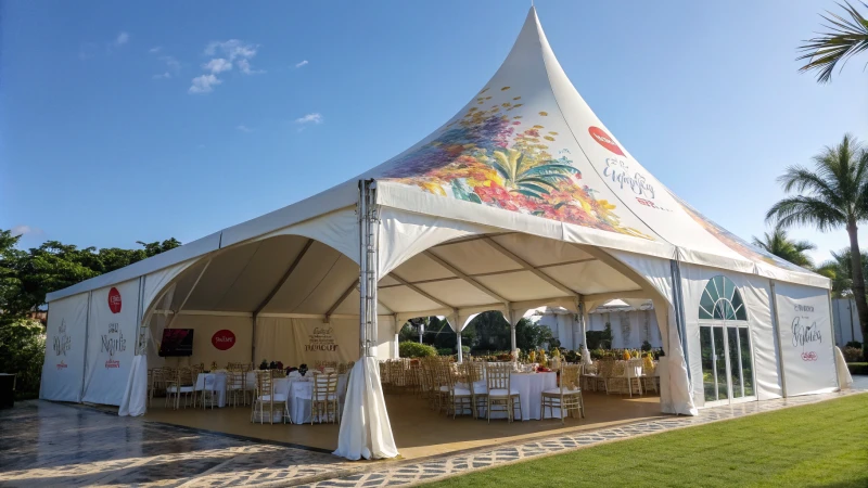 Large elegantly designed event tent with vibrant branding and lush greenery